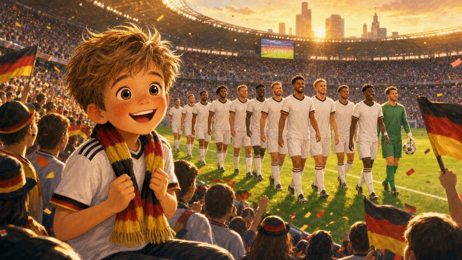 Storybook-Szene: Der kleine Fan sieht die Mannschaft einlaufen